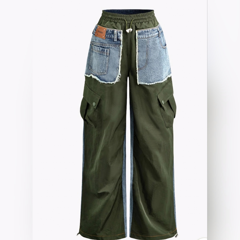 Denim Patchwork Flap Pocket Drawstring Cargo Pants